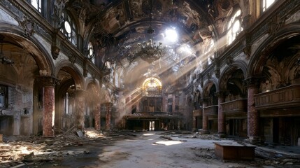 Fototapeta premium Abandoned Civic Building with Collapsed Ceilings and Dusty Interior Illuminated by Sunlight