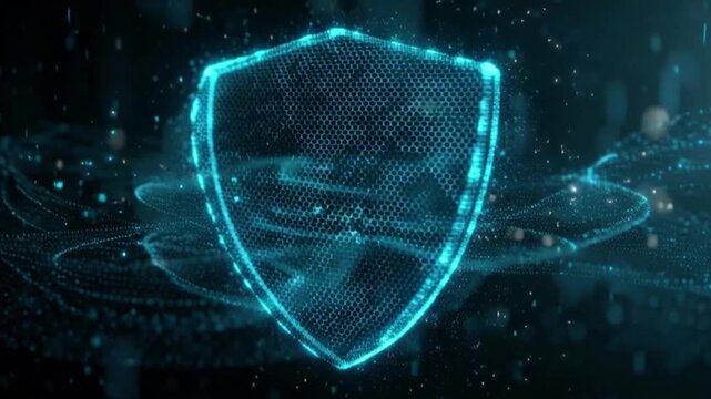 Glowing digital shield protection icon in futuristic blue mesh network with particles for cyber security and data safety