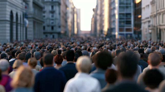 Large crowd of people walking through a busy city street, representing urban life, population density, commuting and modern metropolitan society.