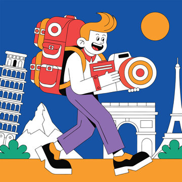 Funny Cartoon Travel Explorer Caricature with Giant Backpack and Camera in Europe Illustration
