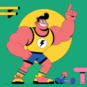 Muscular Cartoon Fitness Trainer Caricature Pointing Finger up in Gym Illustration