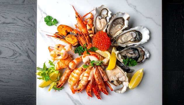 Fresh Gourmet Seafood Platter with Oysters and Grilled Shrimp