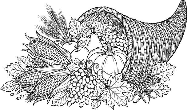 Blue line art illustration of a cornucopia horn of plenty filled with autumn harvest fruits vegetables and leaves for thanksgiving celebration