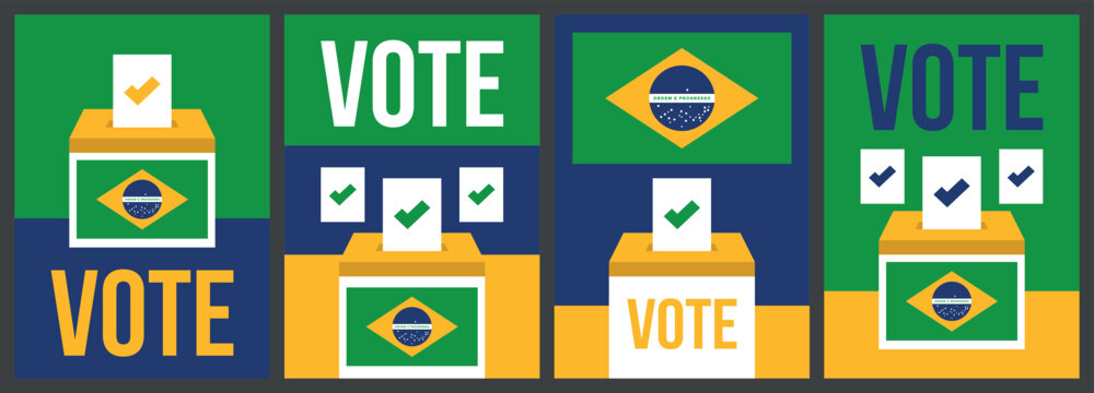Brazil Voting Election Poster Template Set Featuring Ballot Boxes with Brazilian Flag, Falling Ballot Papers with Checkmarks, and Bold Vote Typography