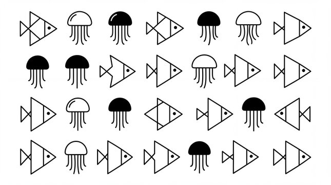 Collection of black and white fish and jellyfish icons on plain background for design