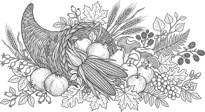 Detailed black and white line art illustration of a cornucopia horn of plenty overflowing with autumn harvest fruits vegetables mushrooms and leaves for thanksgiving