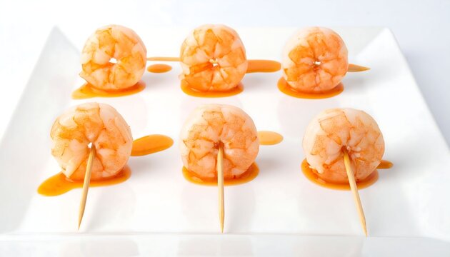 Fresh Cooked Shrimp Skewers on a White Platter