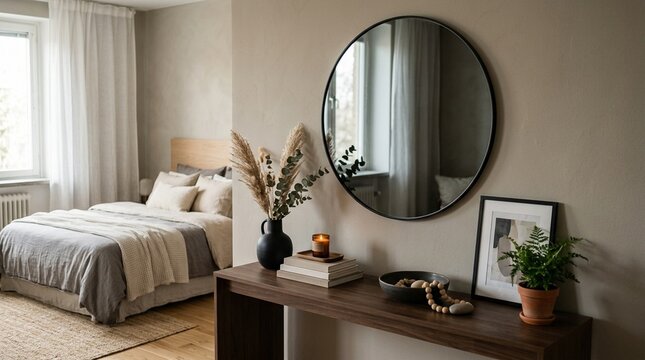 Smoked glass circular mirror in bedroom above console table styling