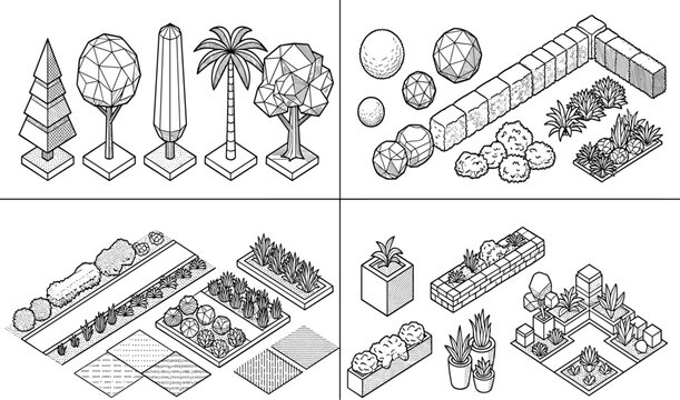 Hand drawn isometric landscape architecture elements vector set including trees bushes planters walls and garden beds for urban design and site planning