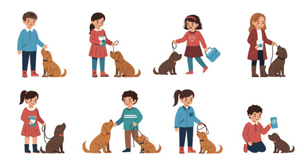 Fototapeta premium Collection of diverse children interacting with their pet dogs through activities like walking on a leash, feeding, and playing together.
