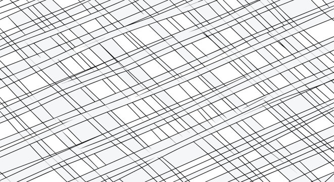Simple diagonal grid pattern of thin black lines on a white background creates a minimalist and technical abstract look.