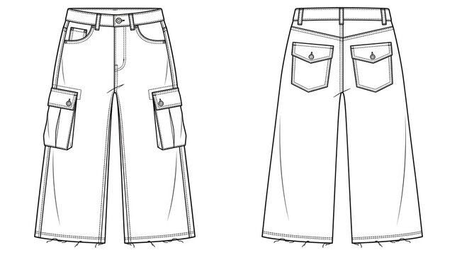 Wide Leg Cargo Jeans Technical Flat with Front and Back View