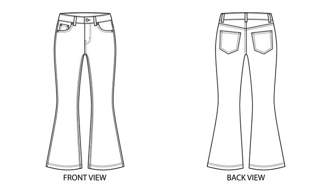 Flared Bootcut Jeans Technical Flat, Front and Back View Vector