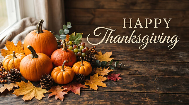 Cozy Thanksgiving scene with pumpkins and autumn leaves on rustic wooden table