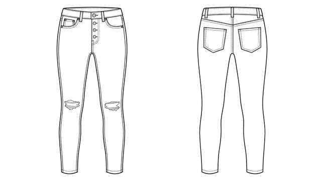 Skinny Jeans Construction Drawing with Ripped Knee Detail