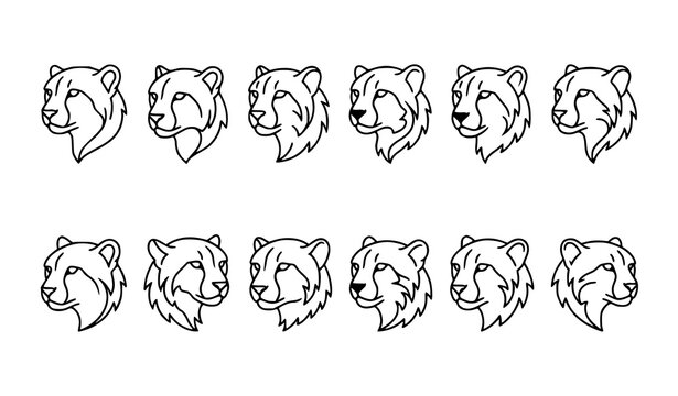 Cheetah Head Side View Line Art Vector Set with Wildlife Outline Illustrations