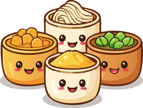 Cute cartoon dim sum with smiling faces.