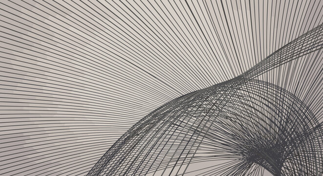 Geometric radial array of thin black lines on a grey background creates an abstract sense of perspective and movement.