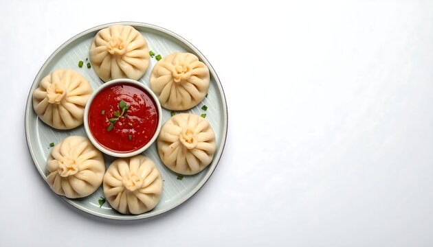 Traditional Georgian Khinkali Dumplings Served with Spicy Red Sauce on White Background