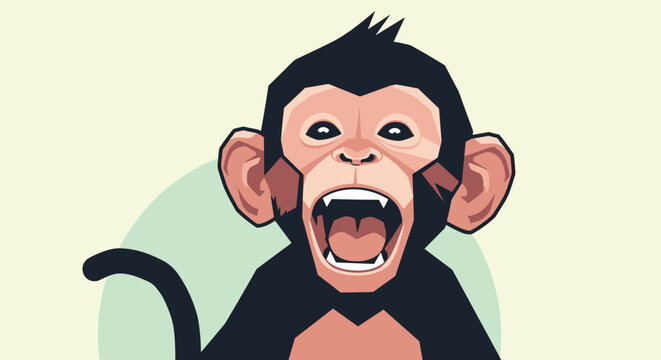 Angry monkey portrait with mouth wide open showing teeth expresses aggression or frustration in stylized vector artwork.