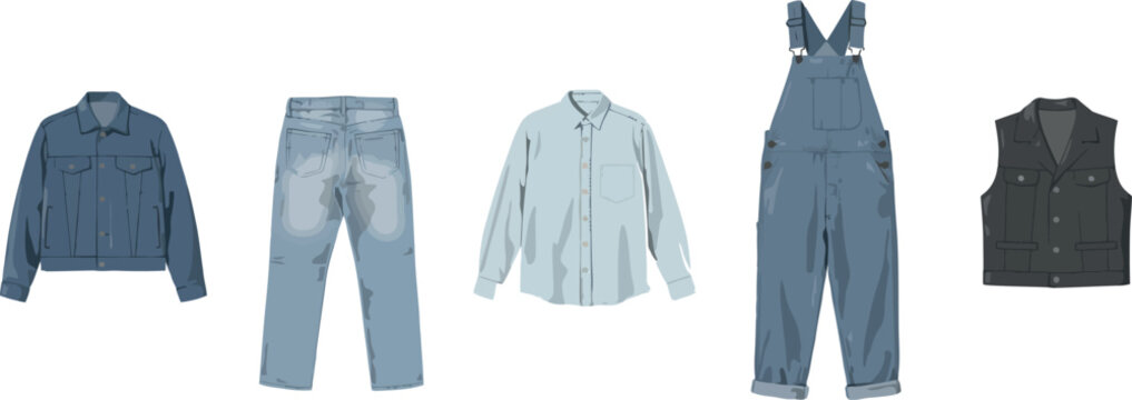 Flat vector illustration of a men casual denim workwear capsule clothing set with blue jean jacket denim overalls button down shirt and black vest