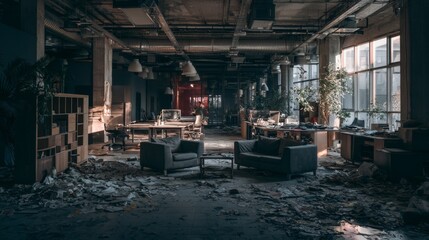 Fototapeta premium Abandoned Coworking Space Overtaken by Dust and Debris with Disordered Furniture and Neglected Workstations