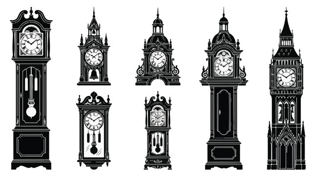 Silhouette of ornate grandfather clock with Roman numerals