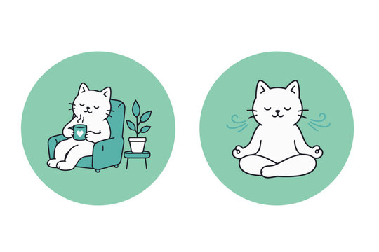 Cat badge illustrated icons for relaxing, zen and meditation 