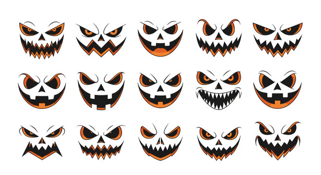Set of scary and spooky jack-o-lantern face expressions with glowing orange eyes and sharp teeth for Halloween decorations.