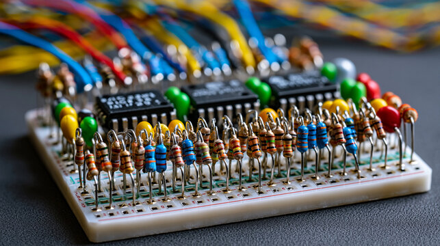 Electronic breadboard with resistors, capacitors, and integrated circuit chips inserted into tie-point rows, jumper wires arcing between rails, component lead terminations pressing into spring conta