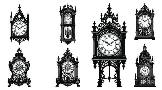 Silhouette of ornate grandfather clock with Roman numerals