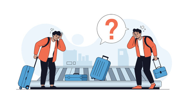 Two confused and worried travelers standing by an airport luggage carousel with a question mark bubble over lost baggage.