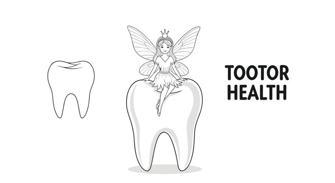 Magical tooth fairy with wings sitting on a large white tooth next to a smaller tooth with the text tooth health in black.