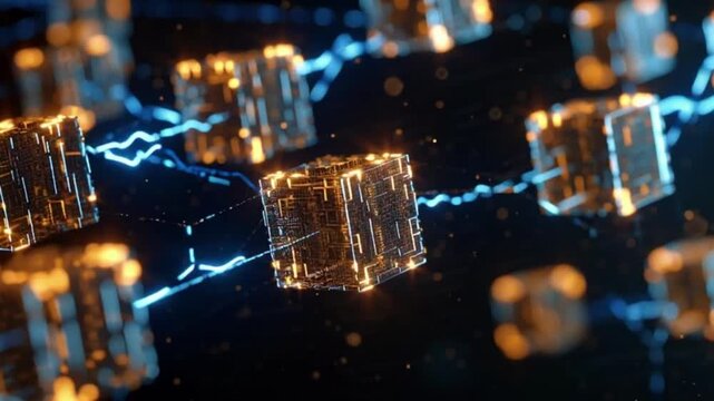 Abstract 3D rendering of golden digital blocks connected by glowing blue energy lines representing blockchain technology network