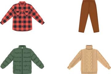Flat vector illustration of a men outdoor autumn clothing capsule set with red flannel shirt green puffer jacket brown trousers and knit sweater © Armina