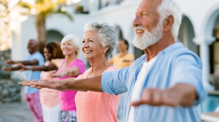 Obraz premium Group of Seniors Engaging in Outdoor Fitness Activities with Joyful Expressions in a Bright Setting