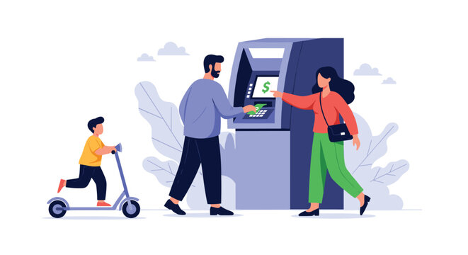 Happy family with a young child on a scooter visits an outdoor automated teller machine to withdraw cash for shopping.