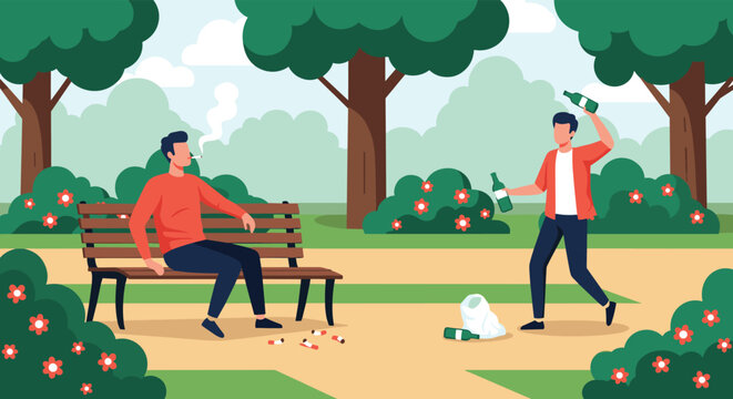 Two men show disrespectful behavior by littering cigarette butts and glass bottles in a clean public park with bushes.