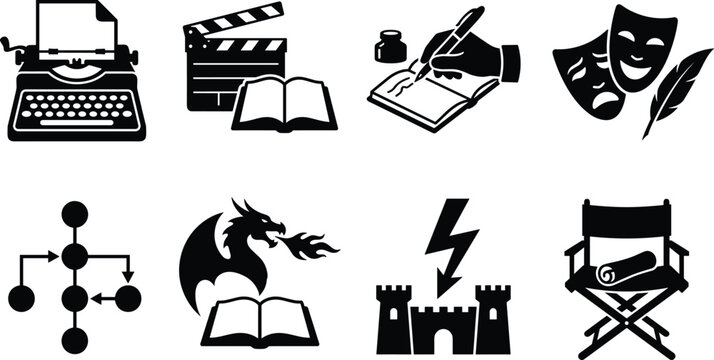 Creative writing and storytelling icon set featuring typewriter book publishing fantasy dragon and director chair