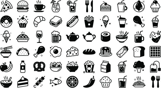 Food Icons Set with Black Silhouettes of Pizza, Pasta, Drinks, Desserts, and Kitchen Utensils Featuring Sushi, Burger, Dessert