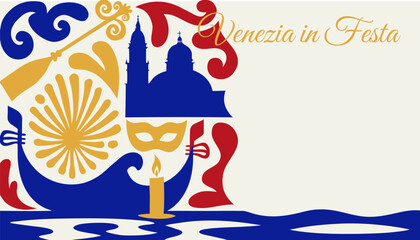 Bold Festa del Redentore horizontal vector with confident gondola procession, oversized basilica, vertical breathing column for web header © Aleksandr