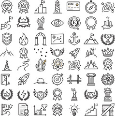 Fototapeta premium Success and achievement line icons, 49 business goal and leadership symbols, motivational reward and growth vector set for corporate branding