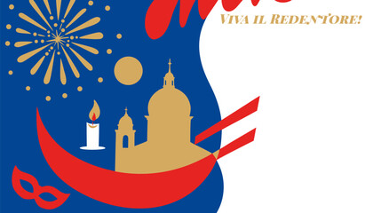 Flat Venice festival banner with sweeping hull gesture, floating candle, lagoon blue-festive gold for promo design © Aleksandr