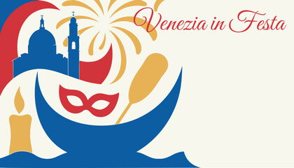 Expressive paper-cutout Redentore with rhythmic firework, leaping masquerade mask, dynamic asymmetry for call-to-action banner © Aleksandr
