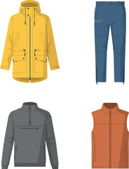 Flat vector illustration of a men outdoor hiking clothing capsule set with yellow rain jacket blue track pants grey fleece pullover and orange vest © Armina