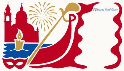 Venetian cultural horizontal vector with confident gondola, basilica, venetian red for July festival website © Aleksandr