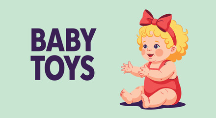 Fototapeta premium Adorable baby girl with blonde curly hair and a red bow sits happily next to the bold purple text saying baby toys.