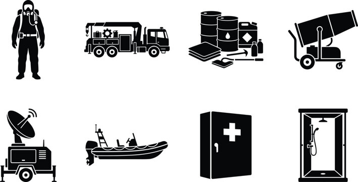 Hazardous materials emergency response icons set featuring hazmat suit rescue vehicle chemical barrels and decontamination shower