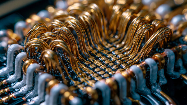 Microchip wire bonding under extreme macro magnification, hairline gold bond wires arcing from silicon die pads to leadframe fingers, loop profiles casting geometric shadows across the epoxy package