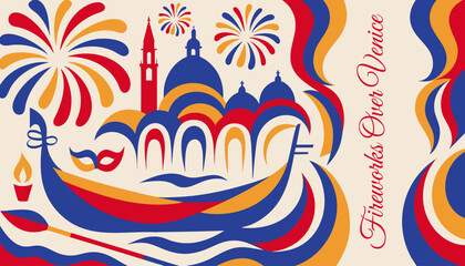 Flat vector Redentore set with overlapping forms, oar, traditional motifs, organic flow for email banner © Aleksandr